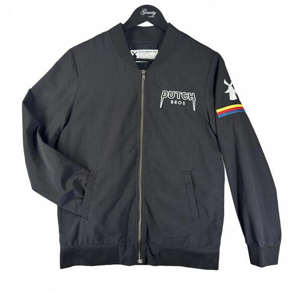 DUTCH BROS Coffee Metal Embroidered Logo Black Bomber Jacket Size Small - Picture 2 of 9